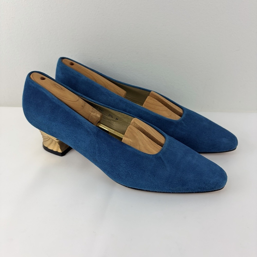 Norma B Women's Blue Suede Pumps Gold Sculpted Heel Spain Size 8.5 Vintage